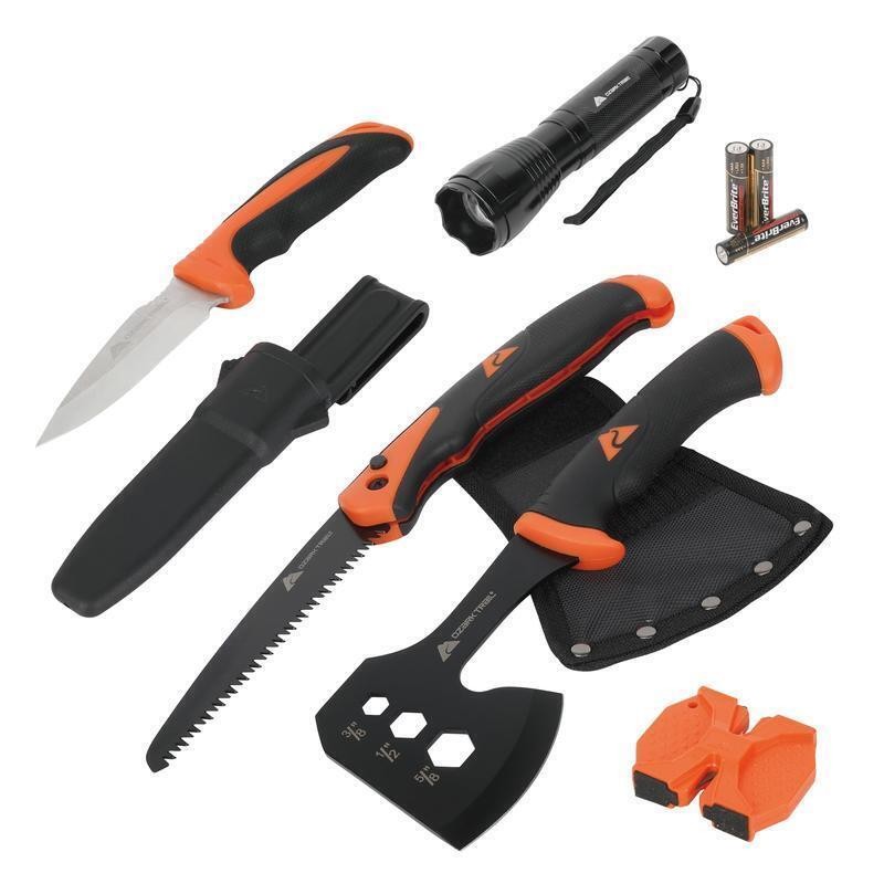 7-Piece Camping Tool Set Hammer Axe Flashlight Knives Battery Included New