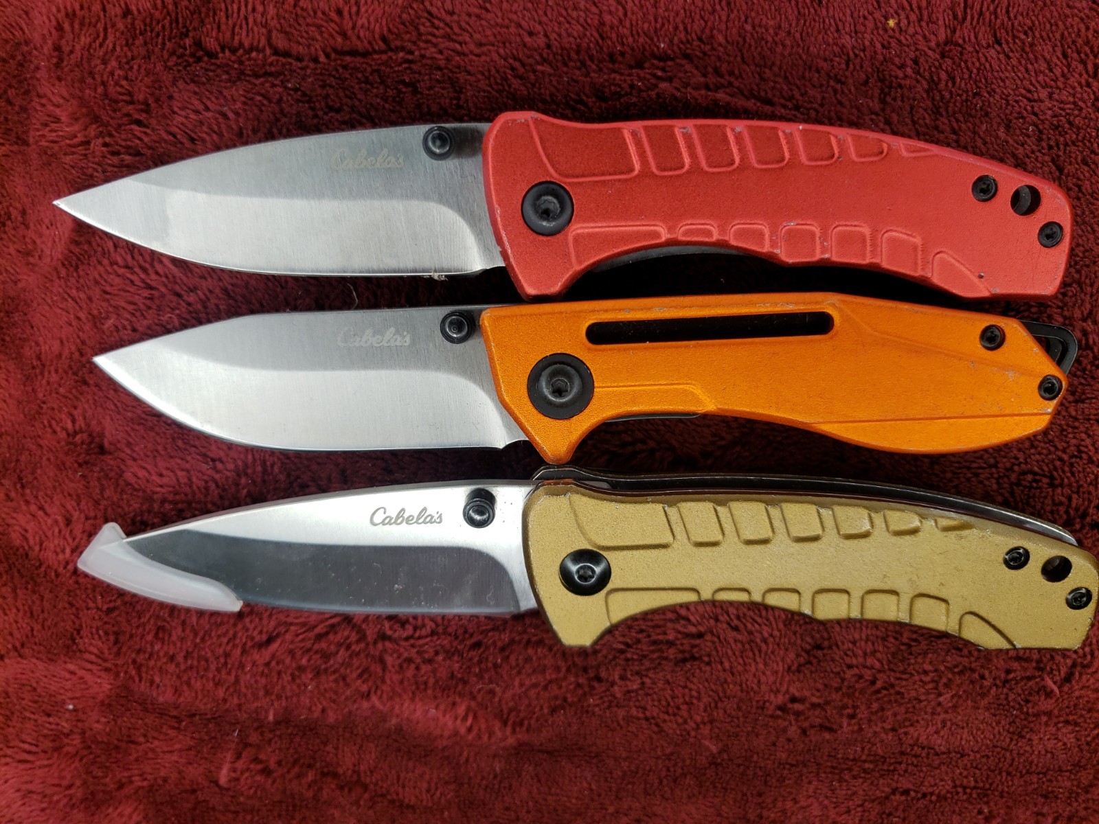 Lot 3 Cabela’s Plain Edge Liner Lock Aluminum Scale Folding Red Orange Tan