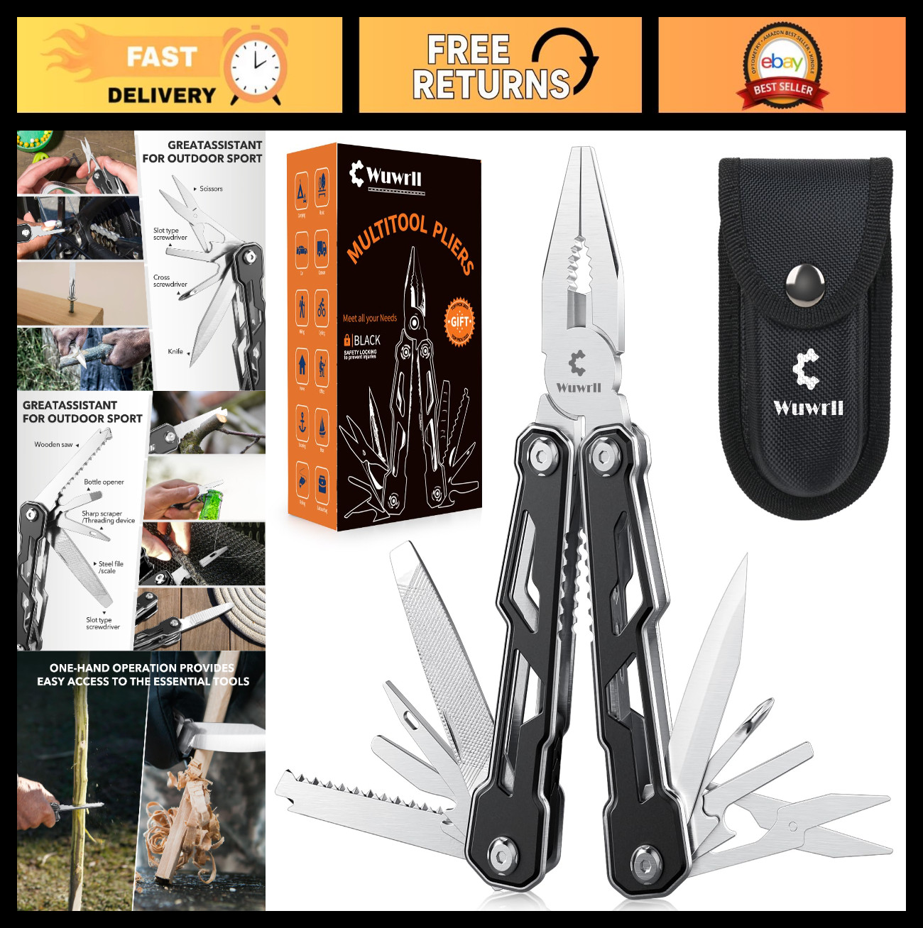 16-in-1 Stainless Steel Multitool with Safety Lock, Pliers & Pocket Knife Set fo