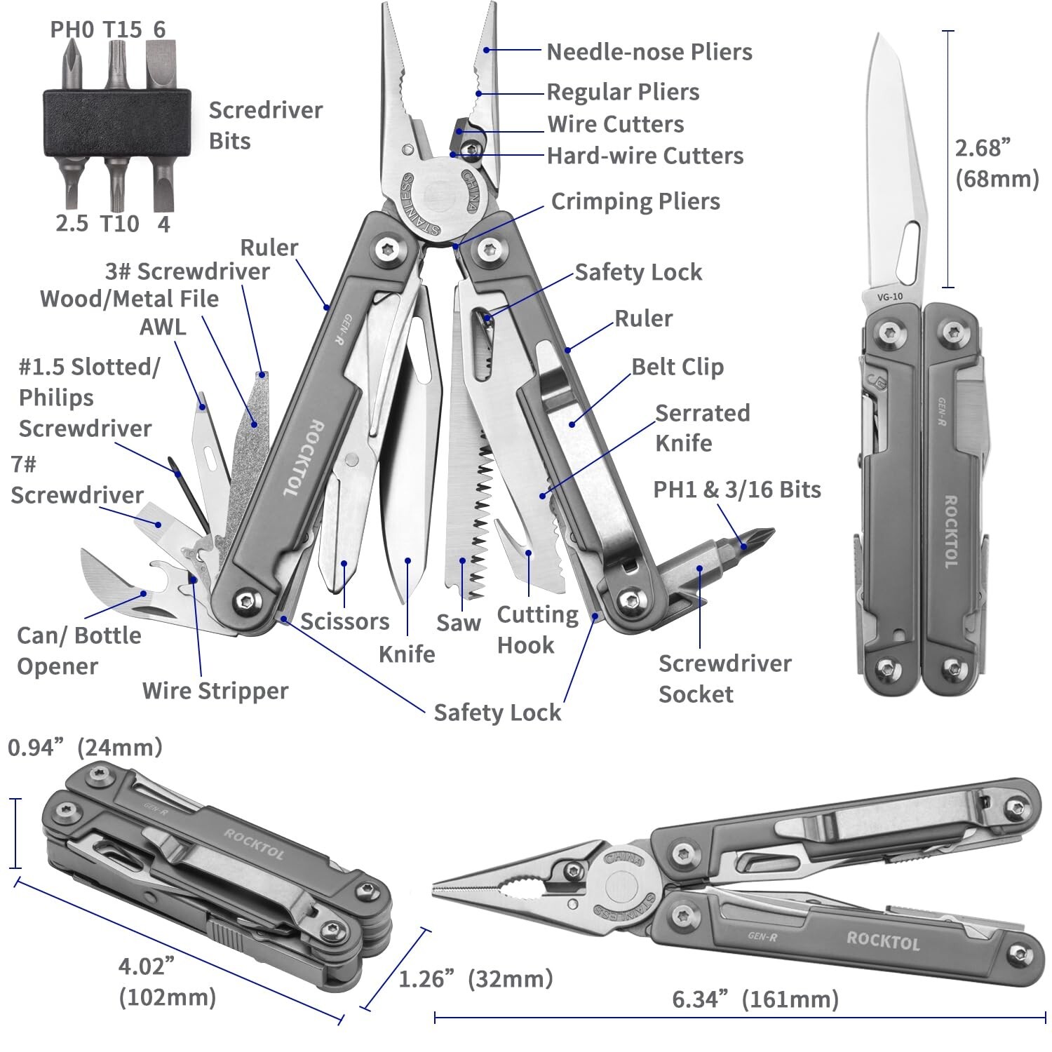 Multitool Pliers, EDC Multitool Pocket Knife VG10 Blade, 27-in-1 Multi-tool w…