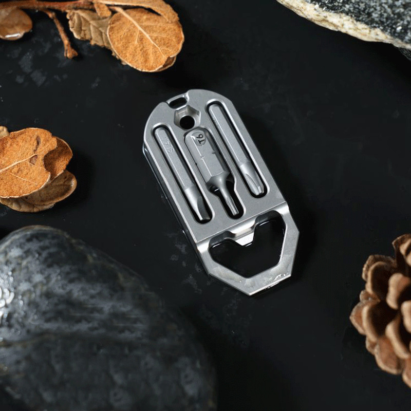 EDC Titanium Multi Tools Bottle Opener Crowbar Pocket with Bit Holder Keychain