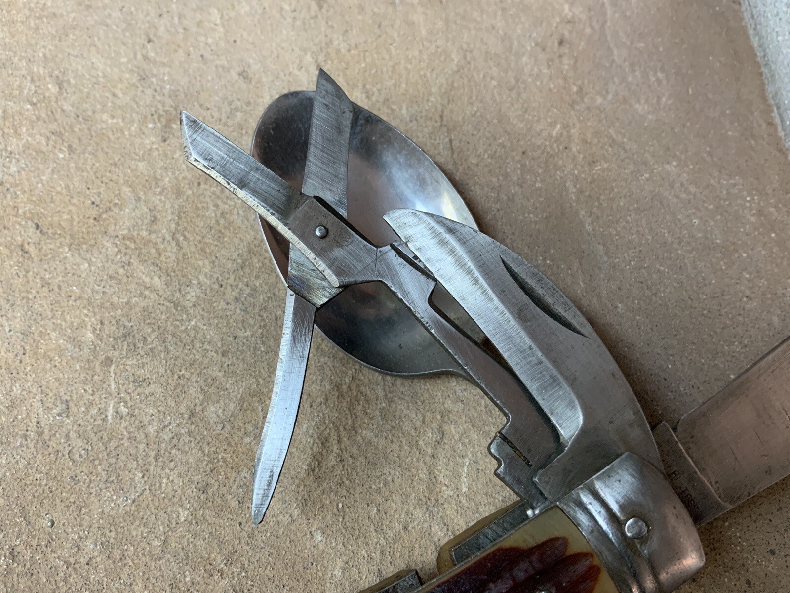 Vtg Camp Multi Tool 11 Gadgets Full Size Spoon Fork Saw Knife Open Hi Test Japan