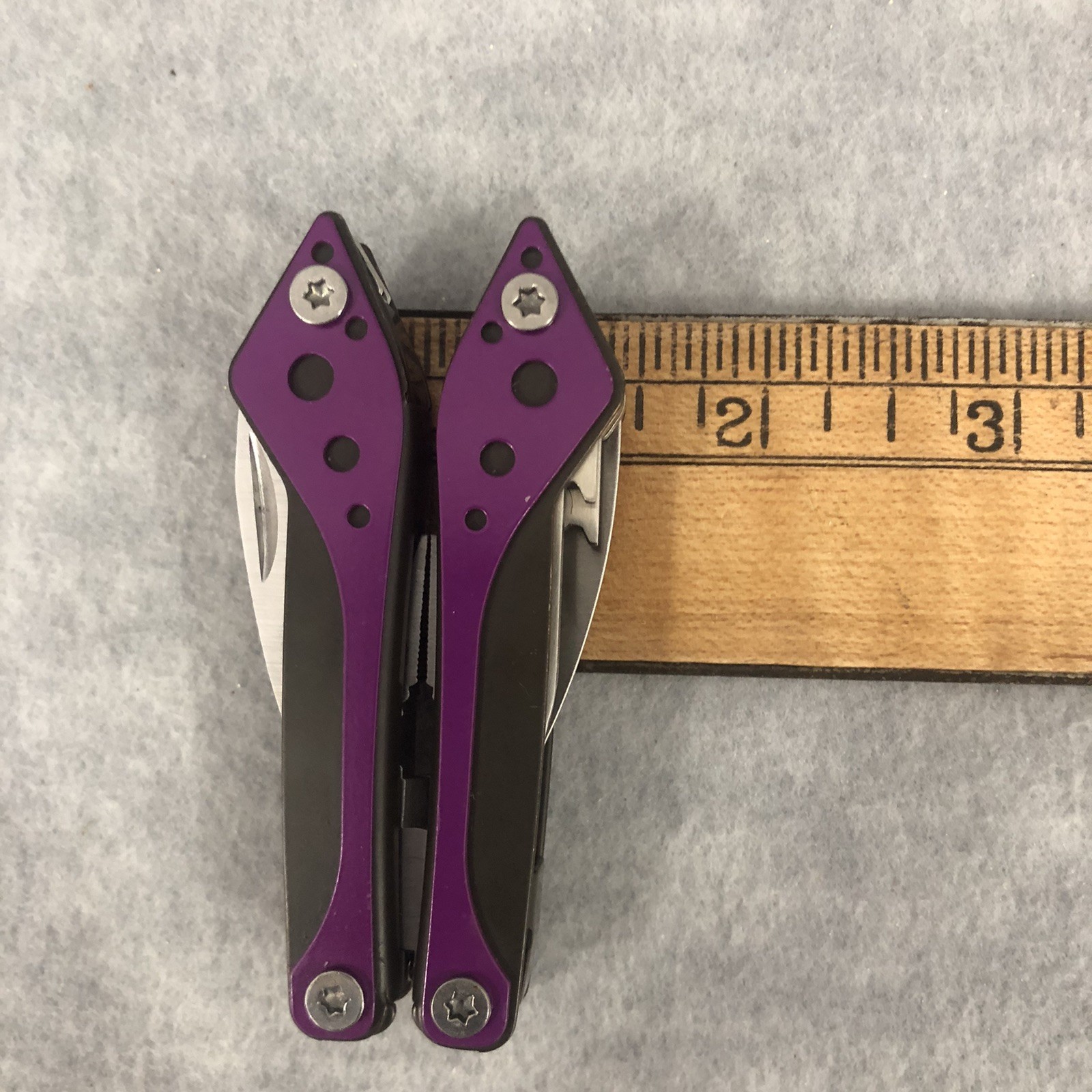 Cabela’s Multi-Tool Purple 3” Closed With Black Nylon Case With Belt Loop Clean