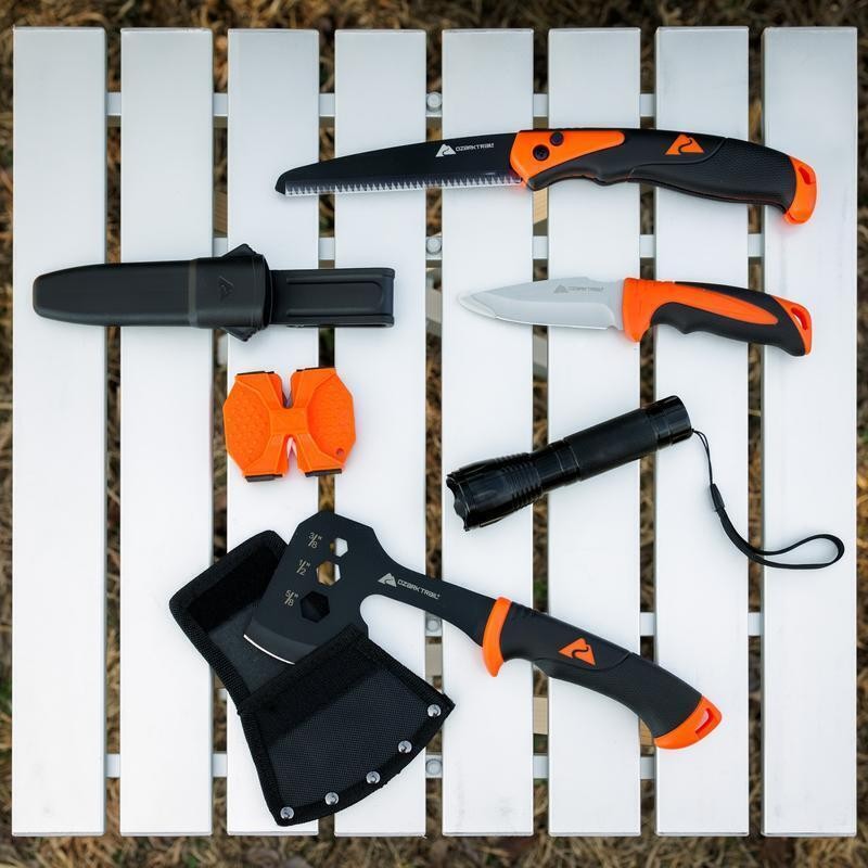 7-Piece Camping Tool Set Hammer Axe Flashlight Knives Battery Included New