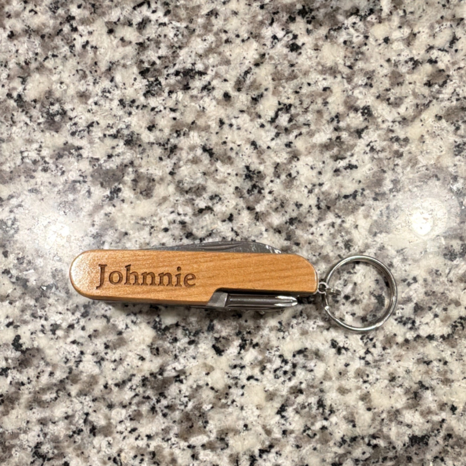 Destin Florida Shark Design Wooden Multi-Tool Keychain, Personalized ‘Johnnie’
