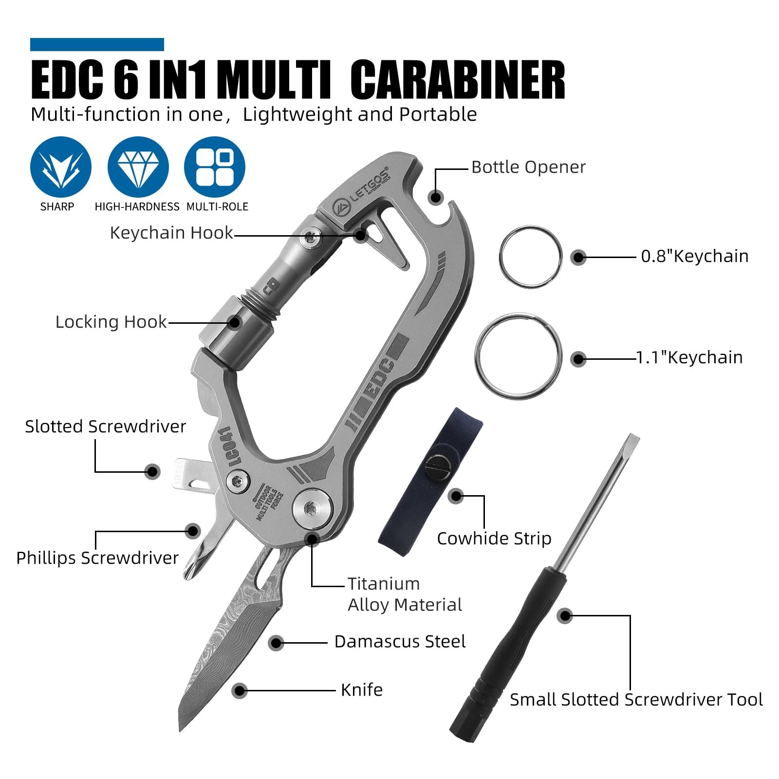 Titanium 6-in-1 Multi-Tool Carabiner–EDC Damascus Steel Knife, Bottle Opener,…
