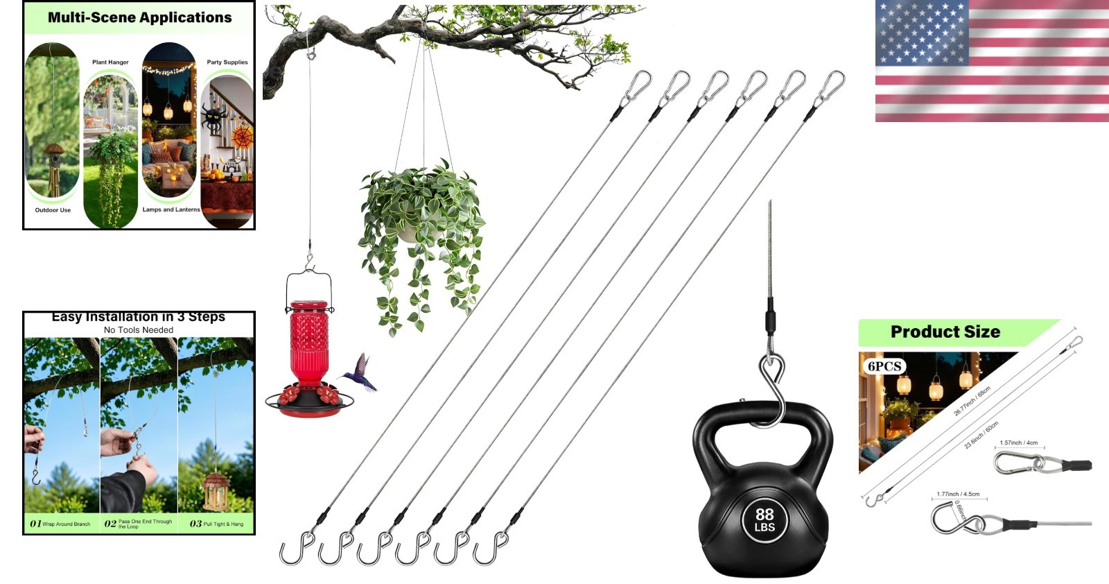 6pcs 23.6in Stainless Steel Heavy-Duty Hanging Chain for Outdoor Decor
