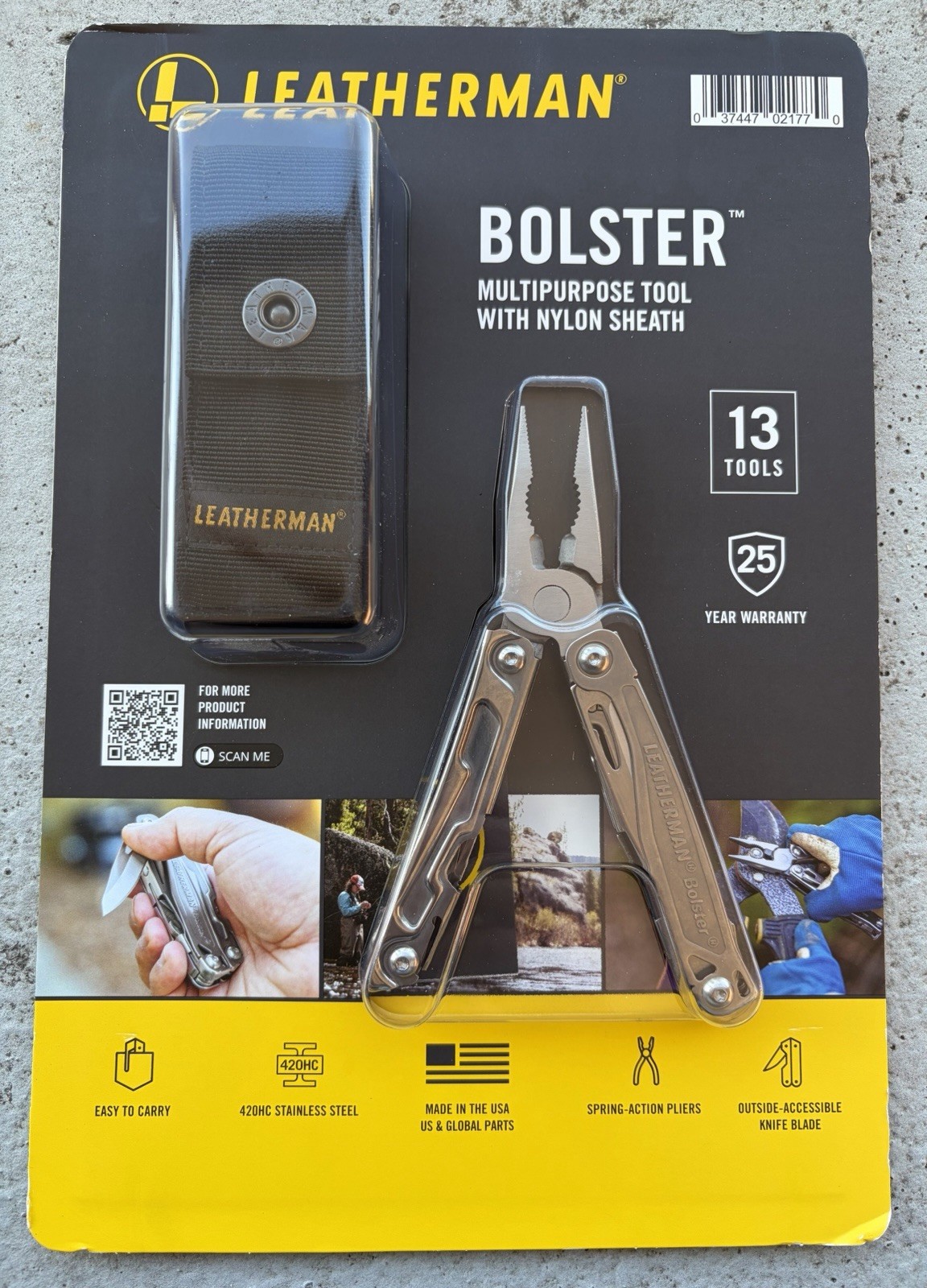 LEATHERMAN BOLSTER MULTIPURPOSE TOOL W/NYLON SHEATH, STAINLESS, 13 TOOLS, NEW