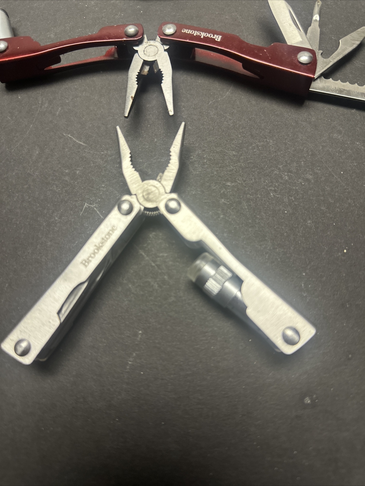 Lot Of 3 Mini Multitool Knife Brookstone with Flashlight Red, & Silver