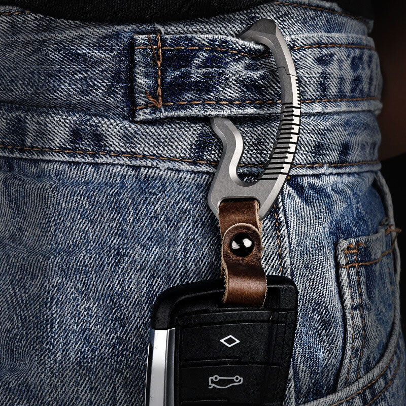 Titanium Alloy + Leather Keychain Carabiner Removable Pendant Crowbar EDC Tool