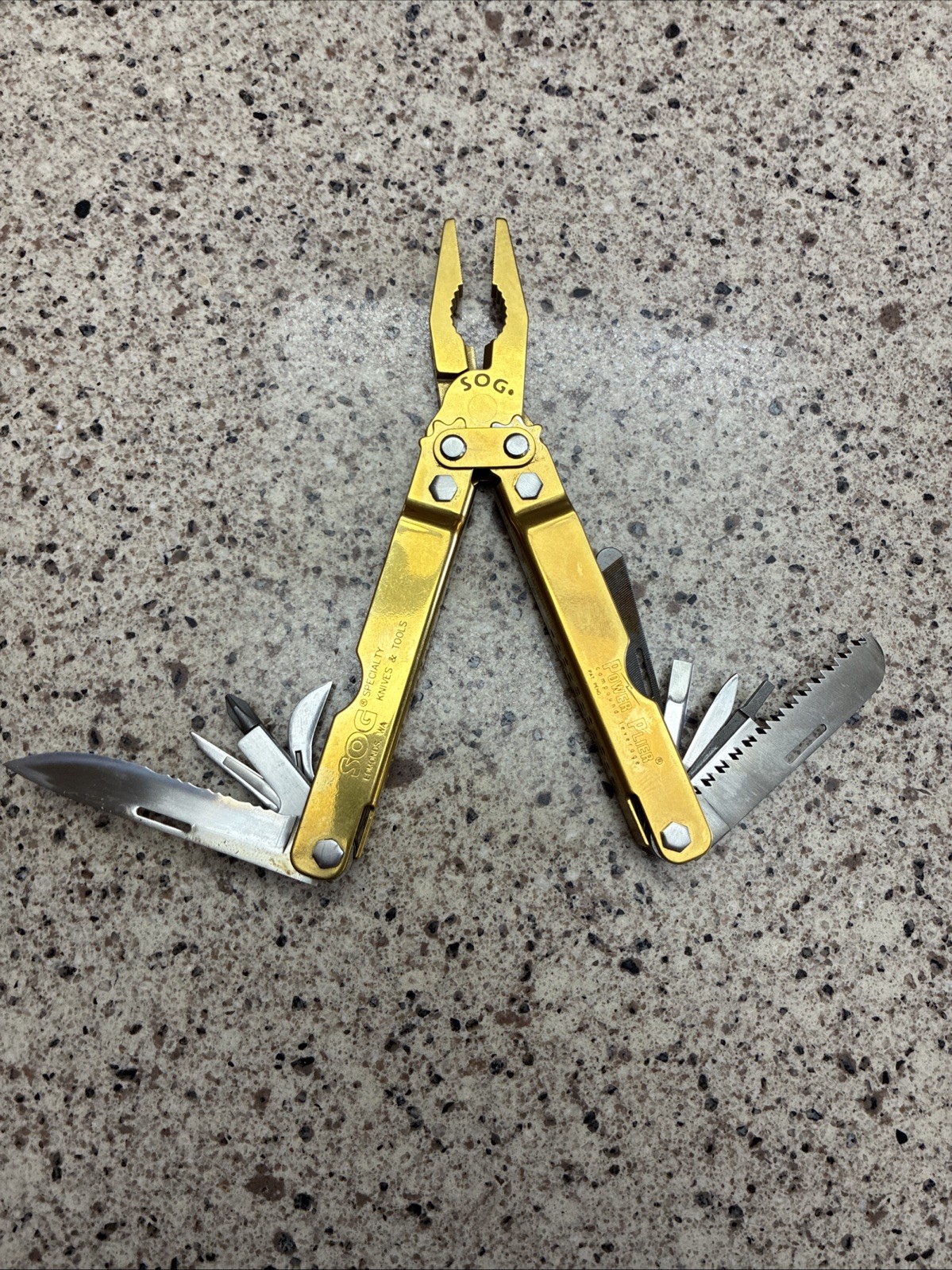 VINTAGE ORIGINAL SOG Power Plier Multi-Tool TiNi Gold w/ Leather Sheath NIB
