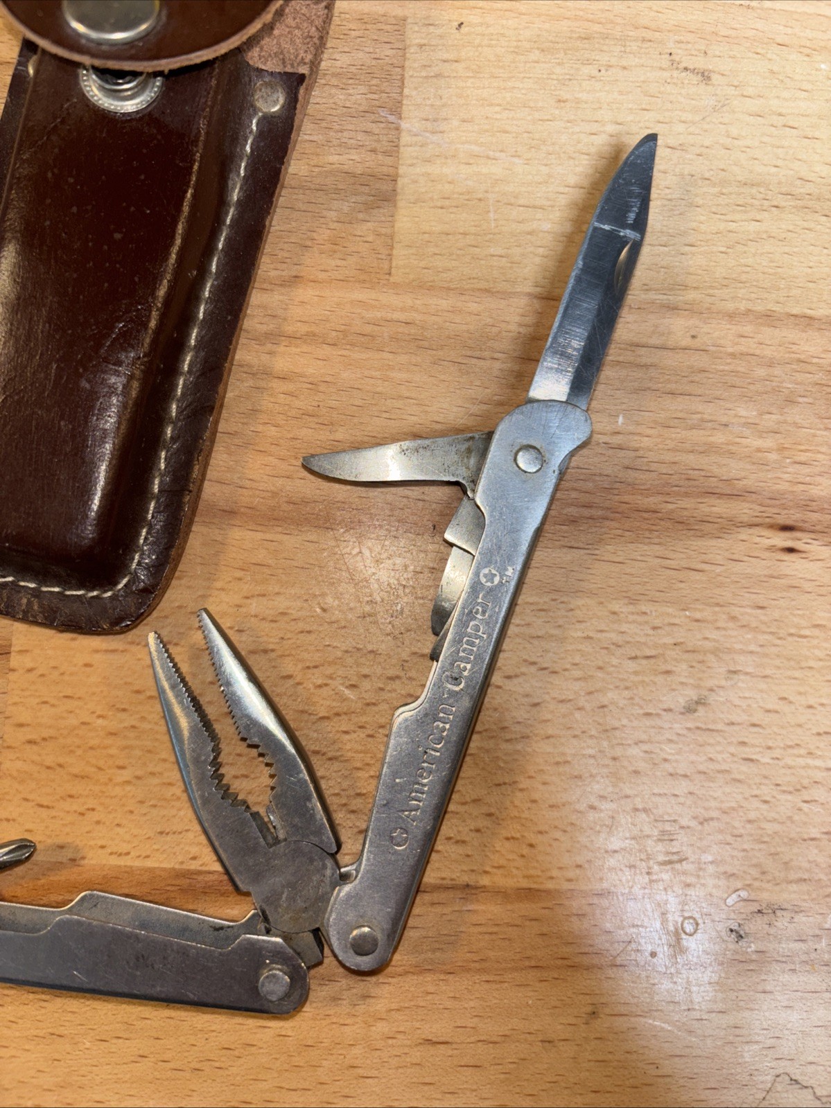 VTG American Camper Stainless Steel Multi Tool Foldable W Brown Belt Case Sheath