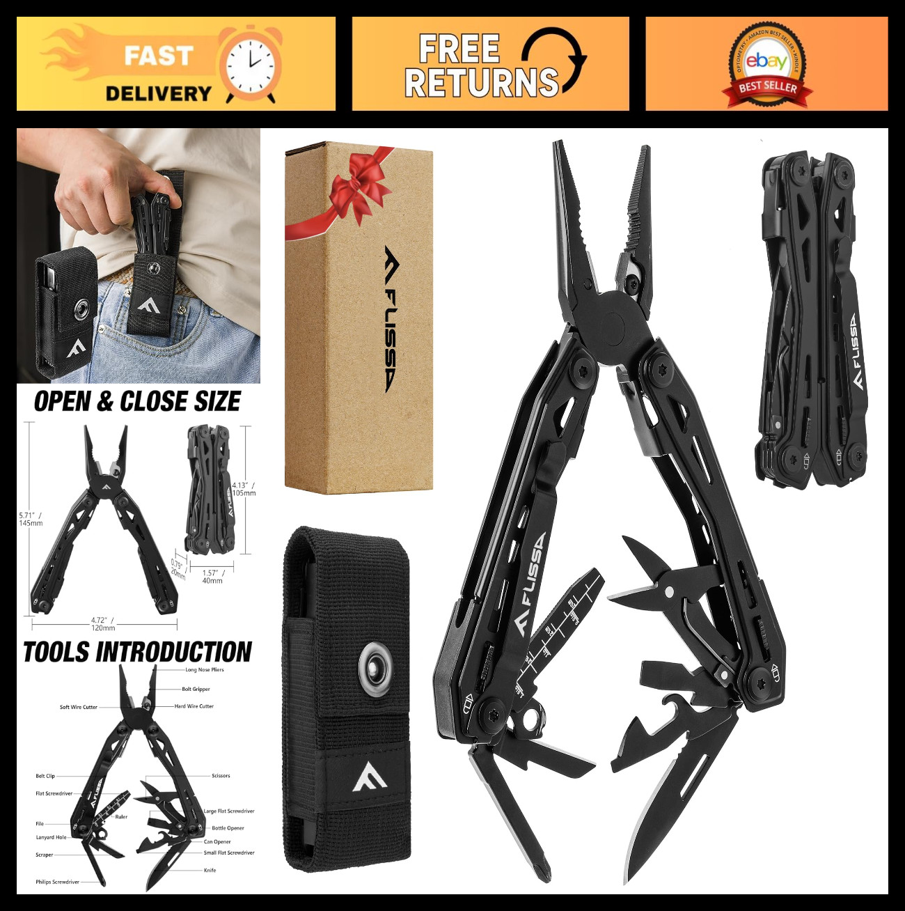 16-in-1 Stainless Steel Multi Tool – EDC Pocket Knife, Pliers, Belt Clip, Sheath