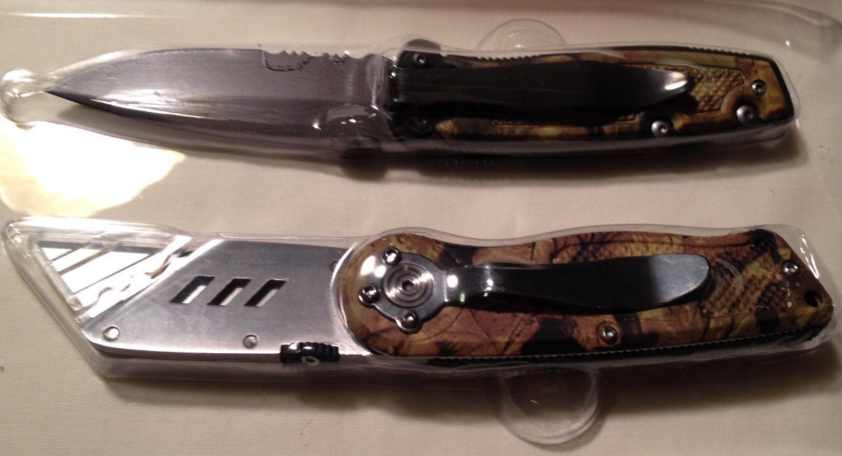 Guidesman 2.5″ Folding SS Knife,Titanium Plated Drop Pt + Utility Knife, 2PC Set