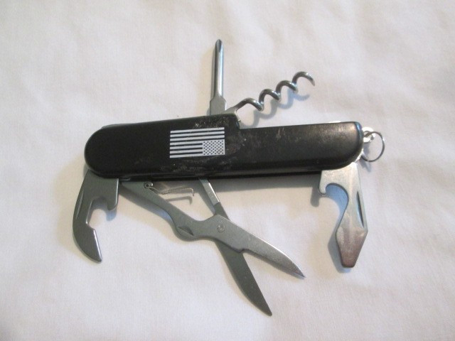 Vintage Multi-Tool Black with American Flag Embelem Pocketknife Size W/ 5 Tools