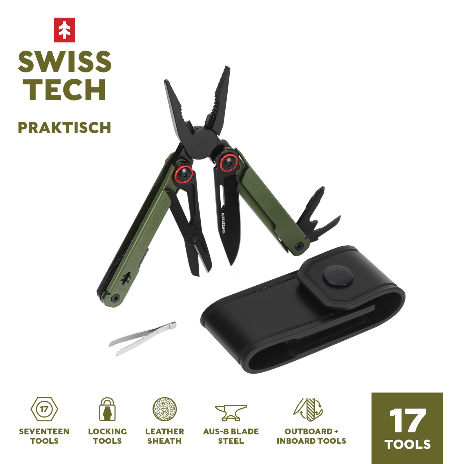 Swiss Tech 17 in 1 Multitool Knife with AUS 8 Steel Blade Scissors and Saw, FDE