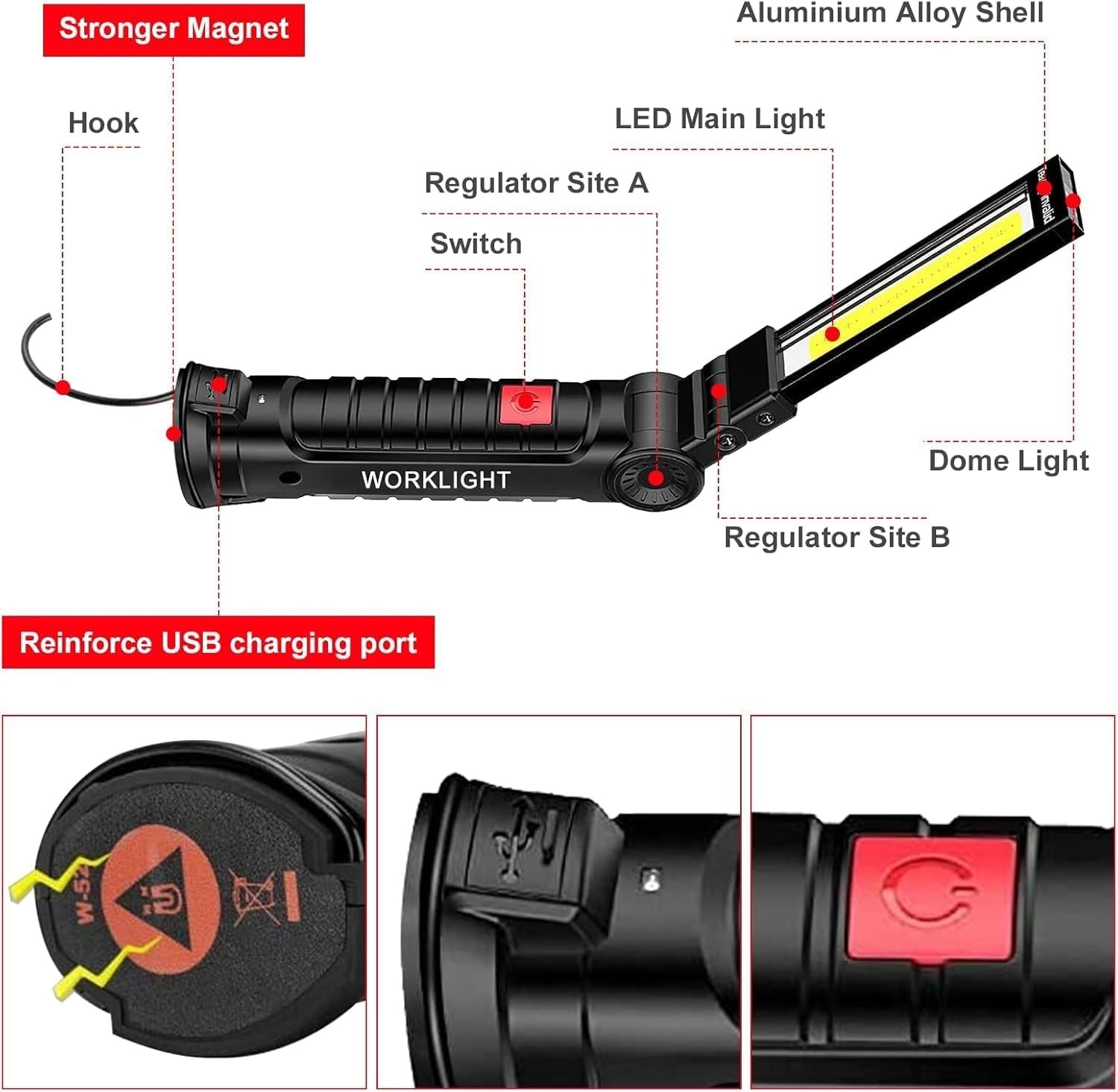Magnetic Rechargeable Work Light with 360° Rotation & 5 Lighting Modes – 3PCS