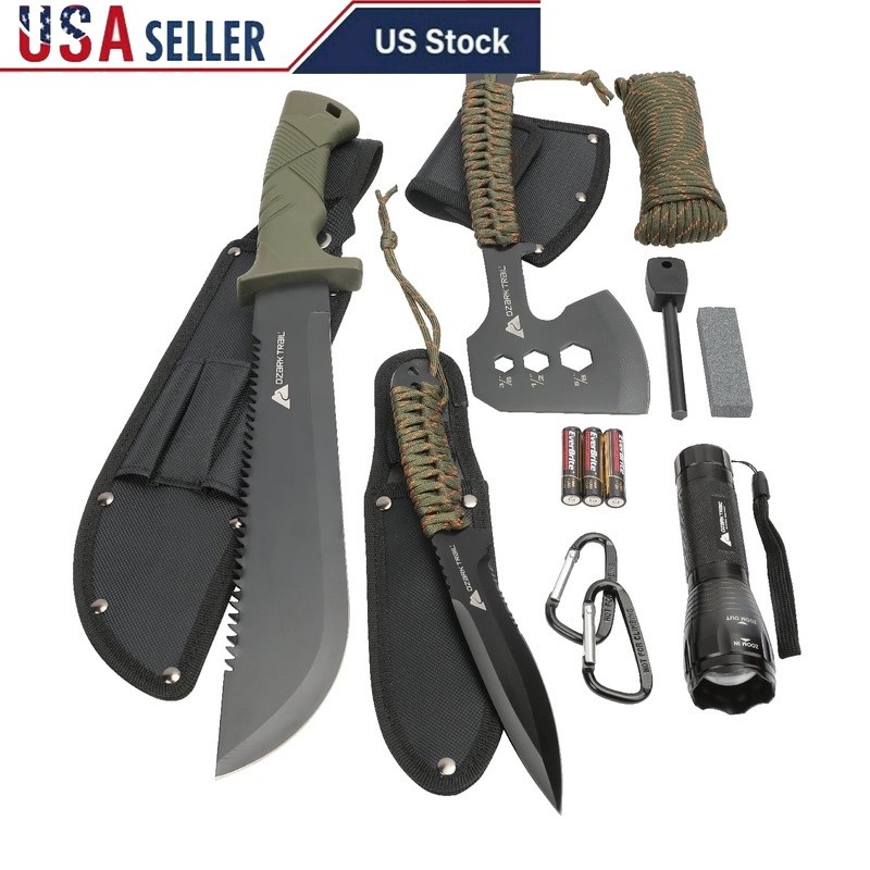12 Pack Camping Tool Set Machete Hatchet Knife Flashlight Survival Gear Kit New