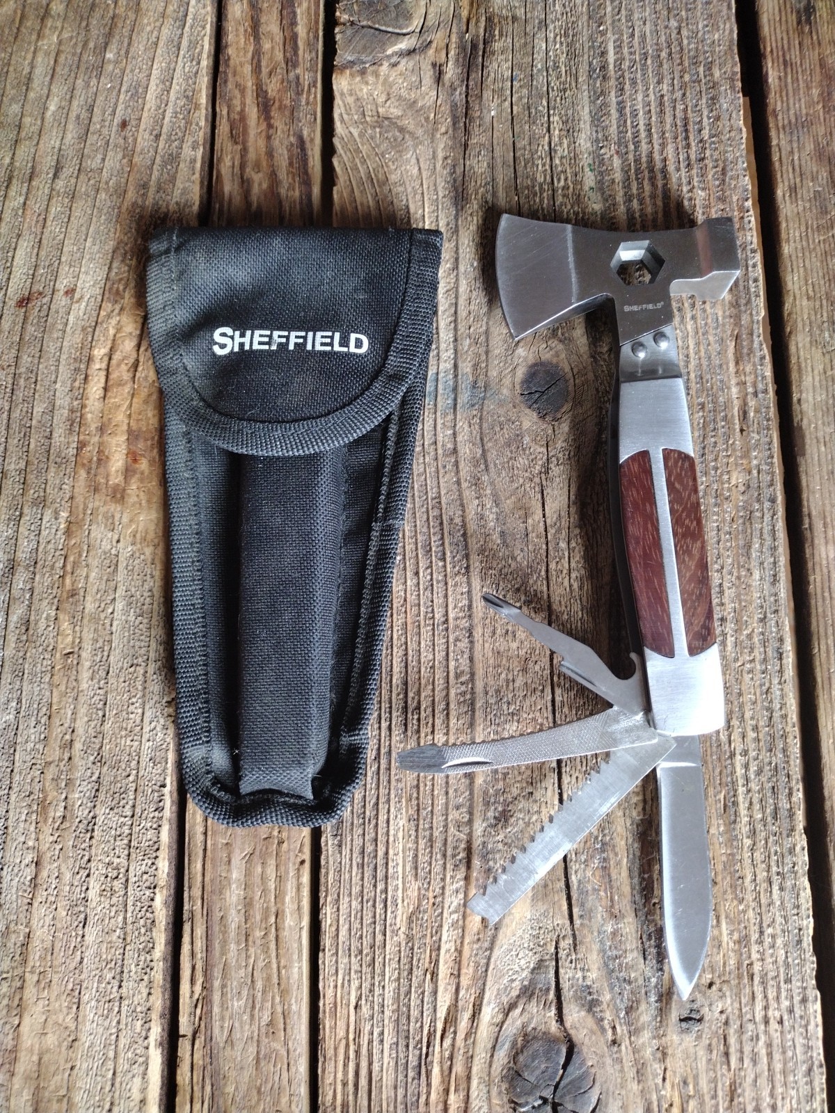 Sheffield Multi Tool Hatchet Axe Folding Knife Saw Blade Stainless with Sheath