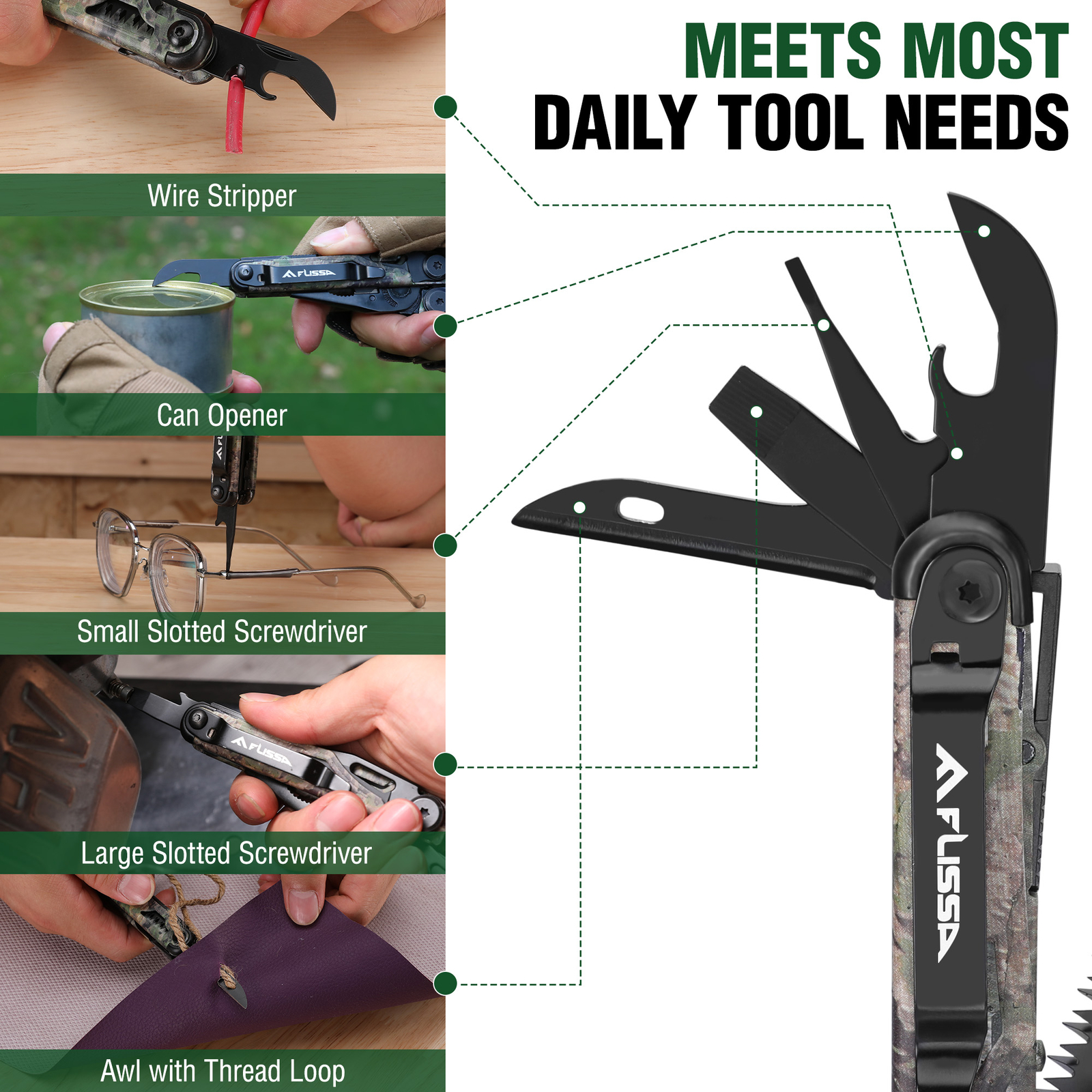 FLISSA 18 in 1 Camo Multitool Pliers Stainless Steel EDC Gear with Sheath
