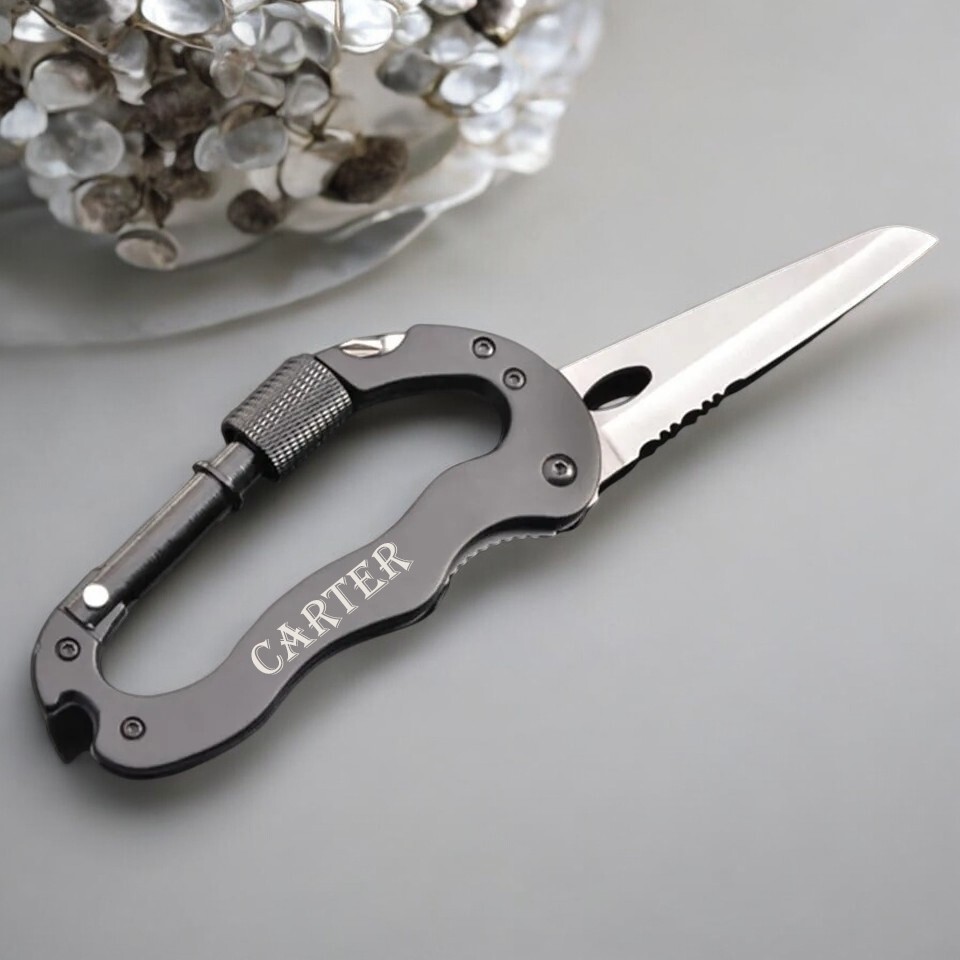 Multitool 5-in-1 Survival Tool Keychain, Carabiner, Screwdrivers, Custom Laser E
