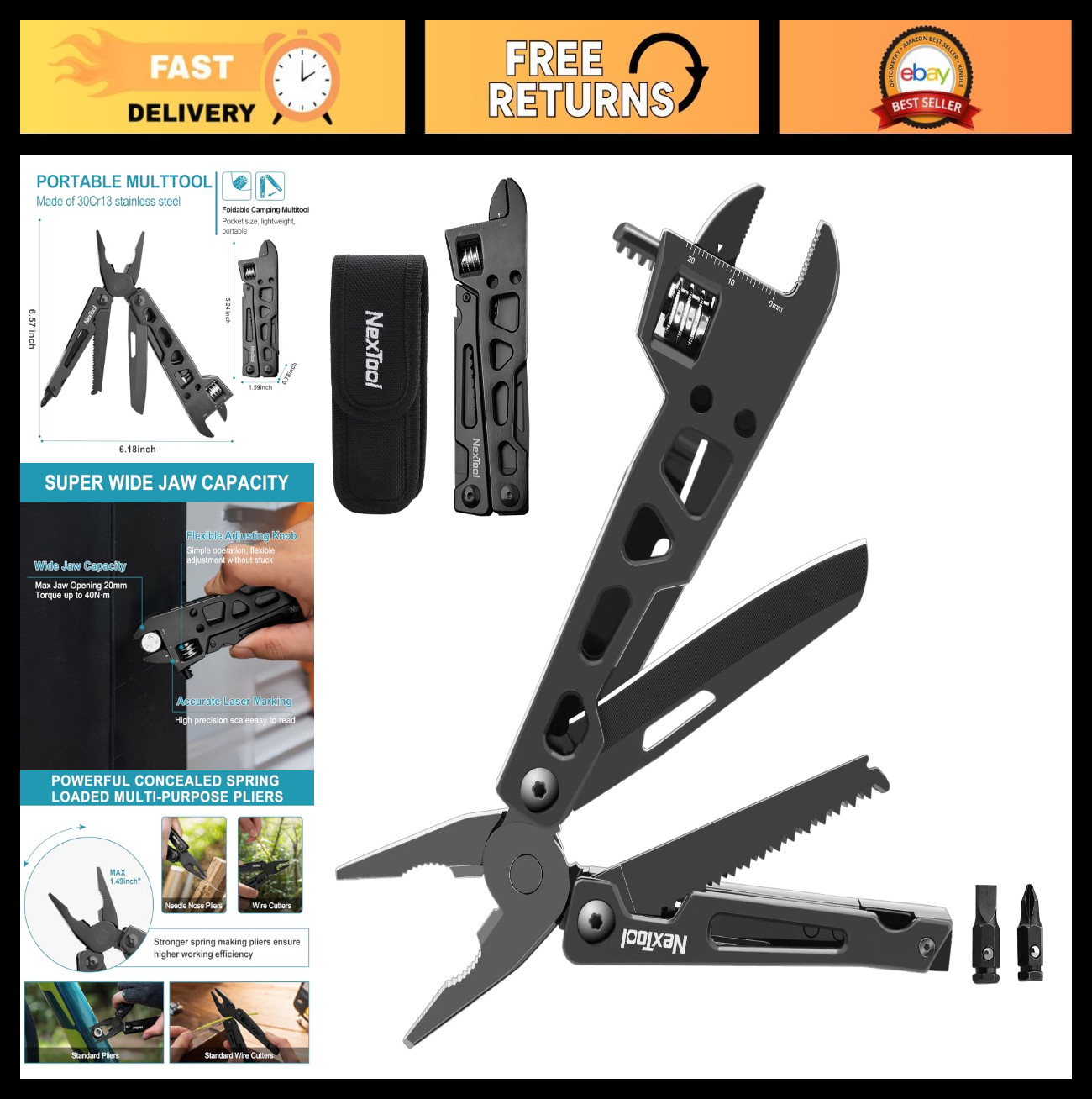 9-in-1 Adjustable Wrench Multitool, Foldable Stainless Steel Multi-Tool, Pliers,