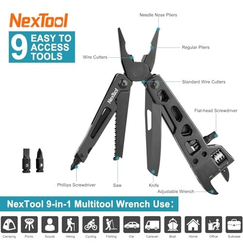 9-in-1 Adjustable Wrench Multitool, Foldable Stainless Steel Multi-Tool, Pliers,