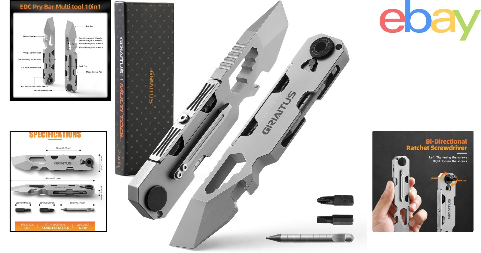 Functional Pry Bar Multitool with Magnetic Pen and Various Tools for Outdoors