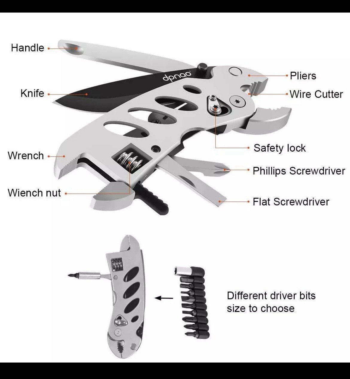 Multitool Wrench With 7 Tools/Pliers/Wire Cutter/Flat Screwdriver/Phillips Sc