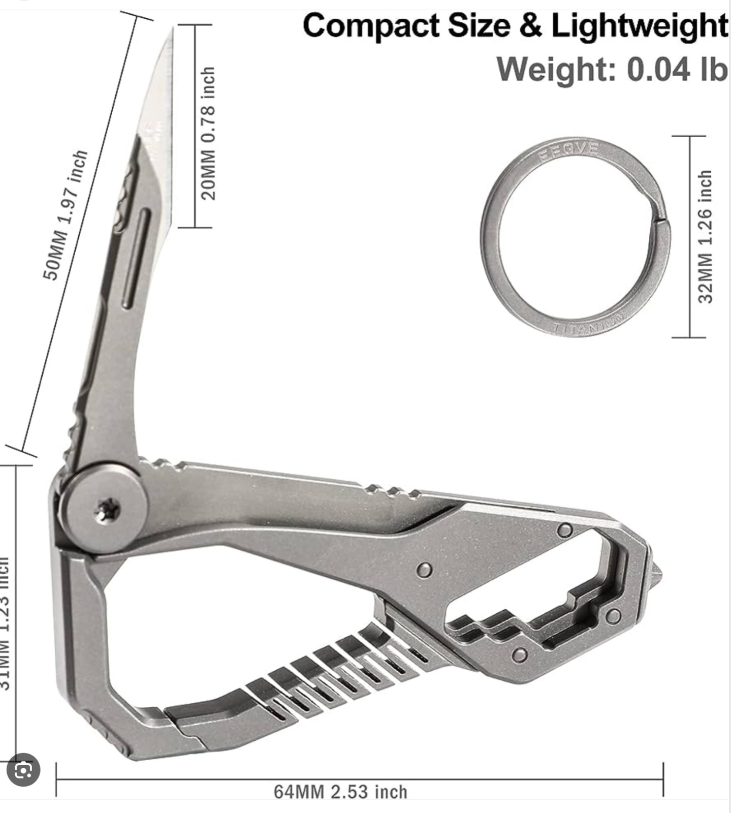Titanium Carabiner, Palm Sized EDC Multitool with Ring,