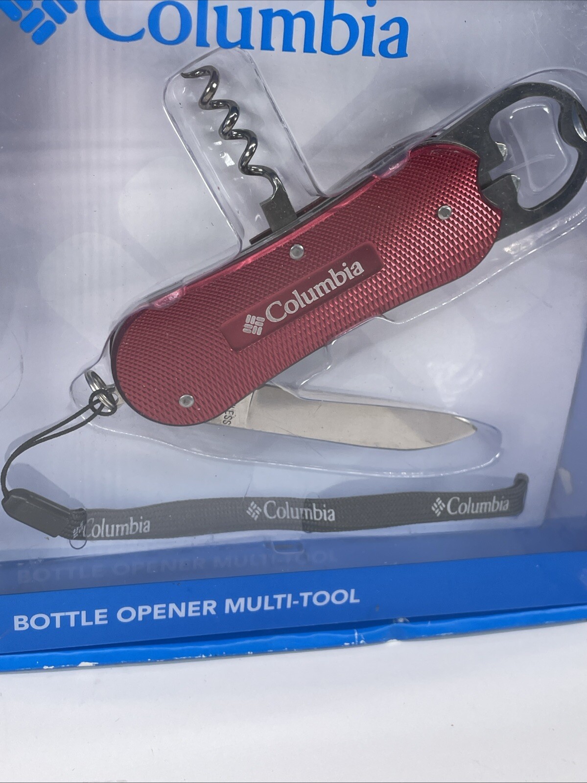NEW Columbia FIRE RED Bottle Opener Pocket Knife Multi-Tool w/Lanyard In Box