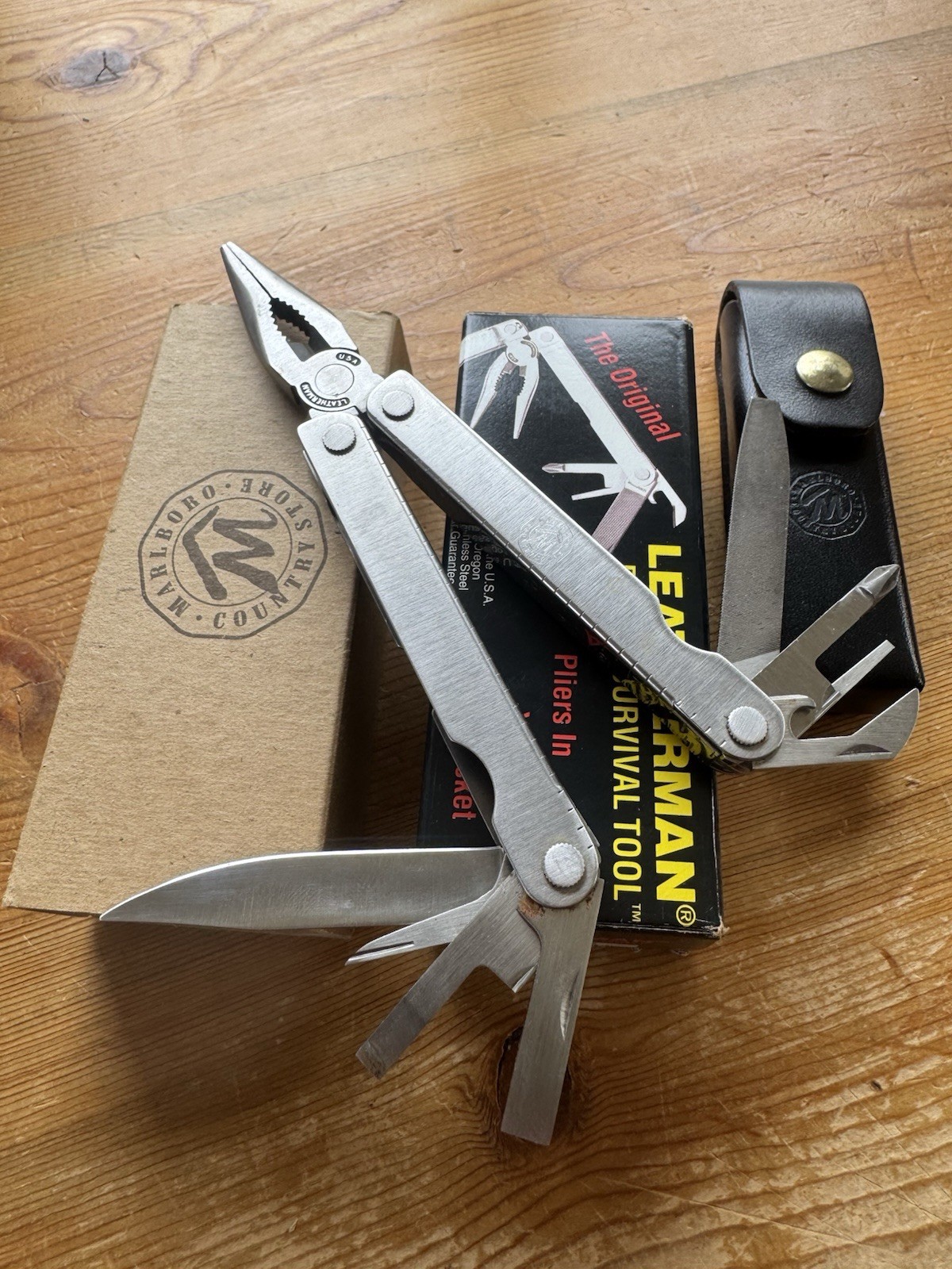 Vintage 1994 Leatherman Marlboro Country Store Multi Tool Knife w/Sheath & Box