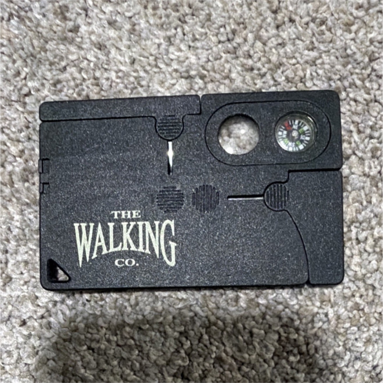 The Walking Co. Multi-Tool Card Knife Bottle Opener Compass Black Silver Compact