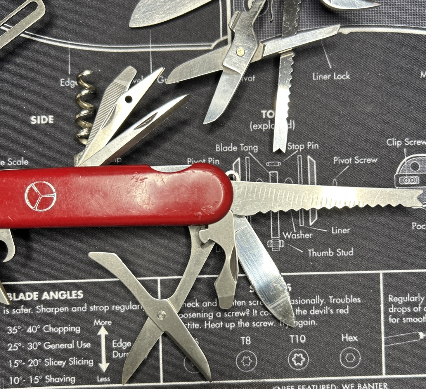 Lot Of 3 Vintage Japan Red Multi Tool Folding Knives Good USED Tools Clean Sharp
