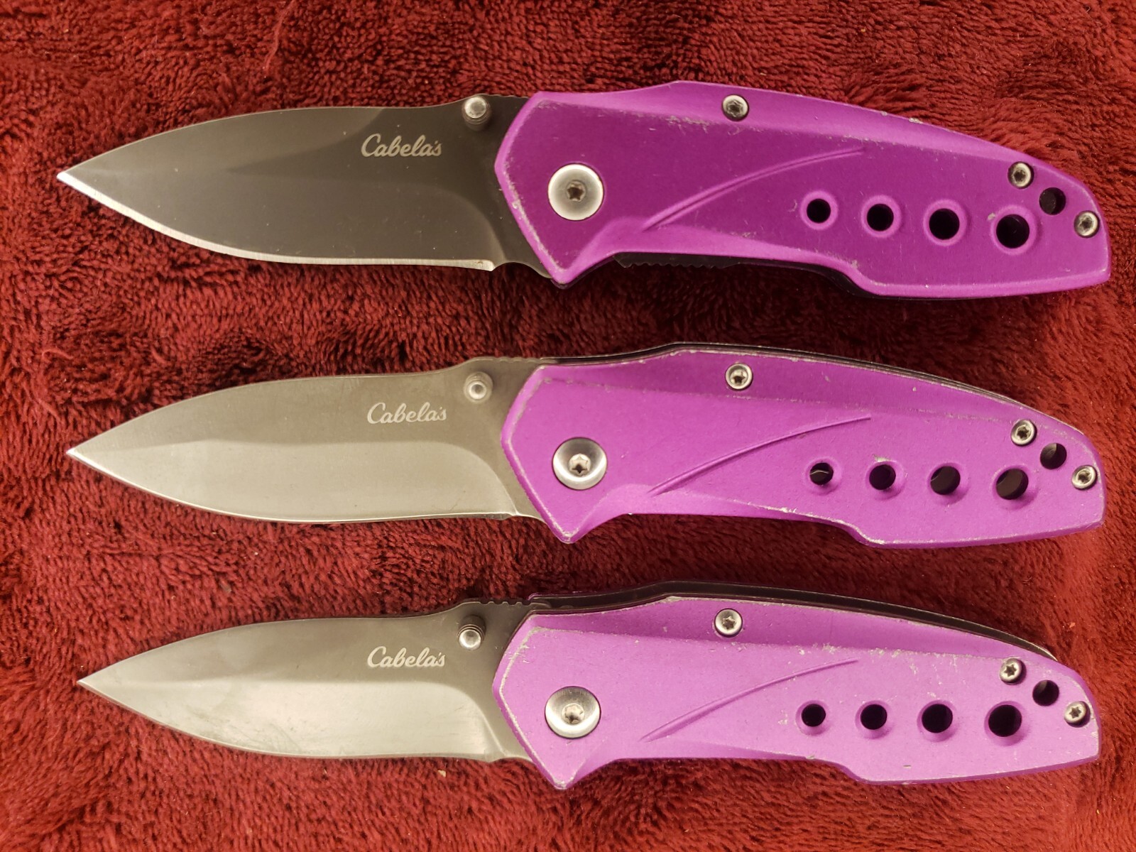 Lot 3 Cabela’s Plain Edge Liner Lock Aluminum Scale Folding Purple