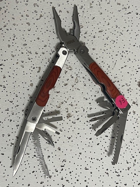 NRA Multi-Tool 4.5” Pliers ,Knives , Can Opener , Ruler and Saw Wood Handle—