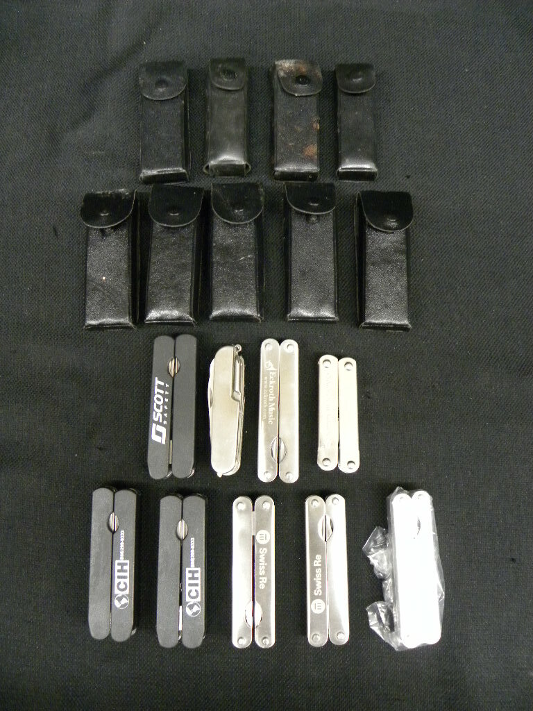 Lot of 9 Small Multi-Purpose Tool, Pliers, Pocket Knife, Openers Pleather Case