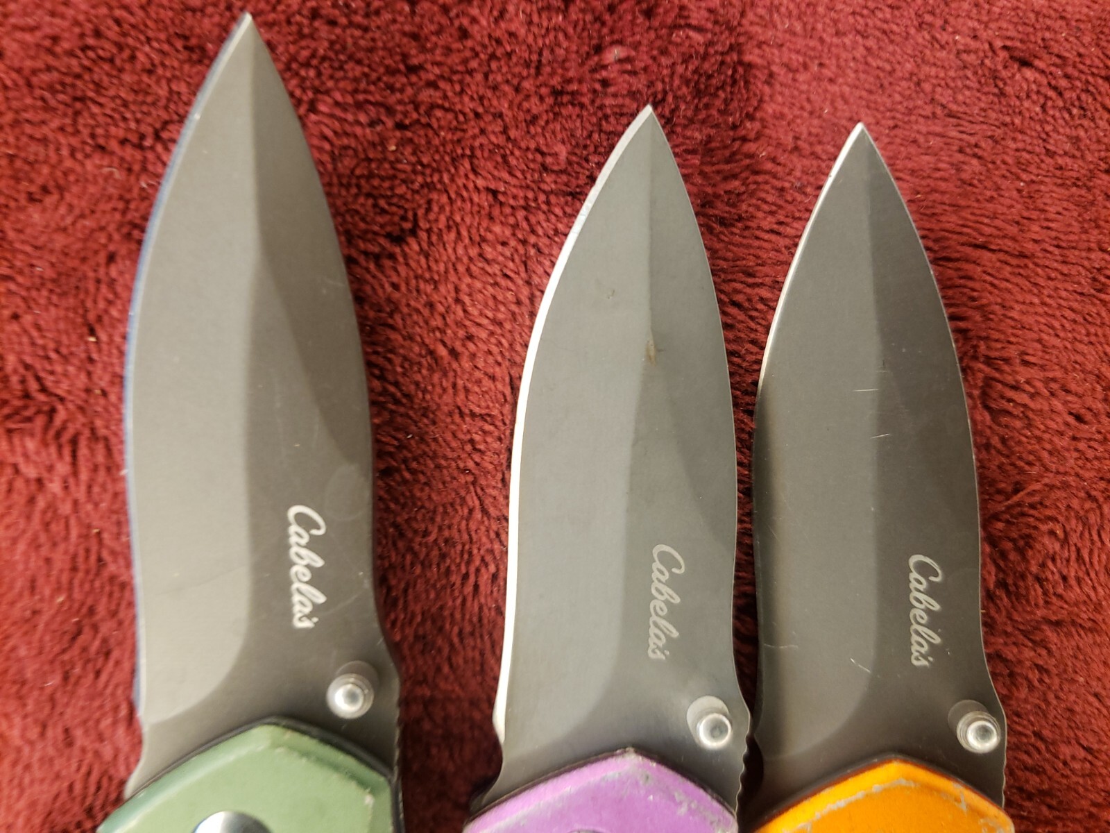 Lot 3 Cabela’s Plain Edge Liner Lock Aluminum Scale Folding Green Purple Orange