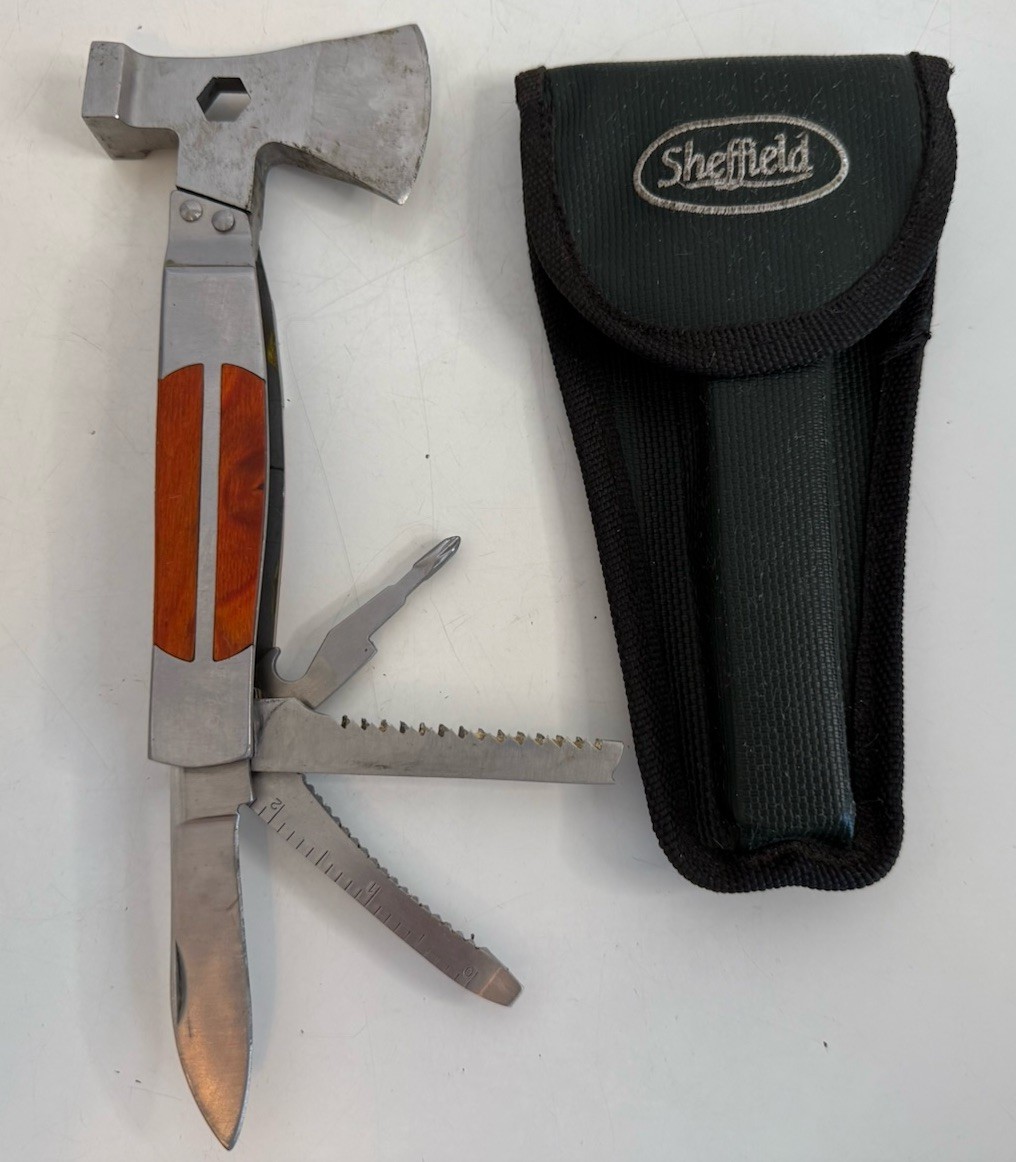 Sheffield Multi Tool Hatchet Axe Folding Knife Saw Blade Stainless w/Sleeve
