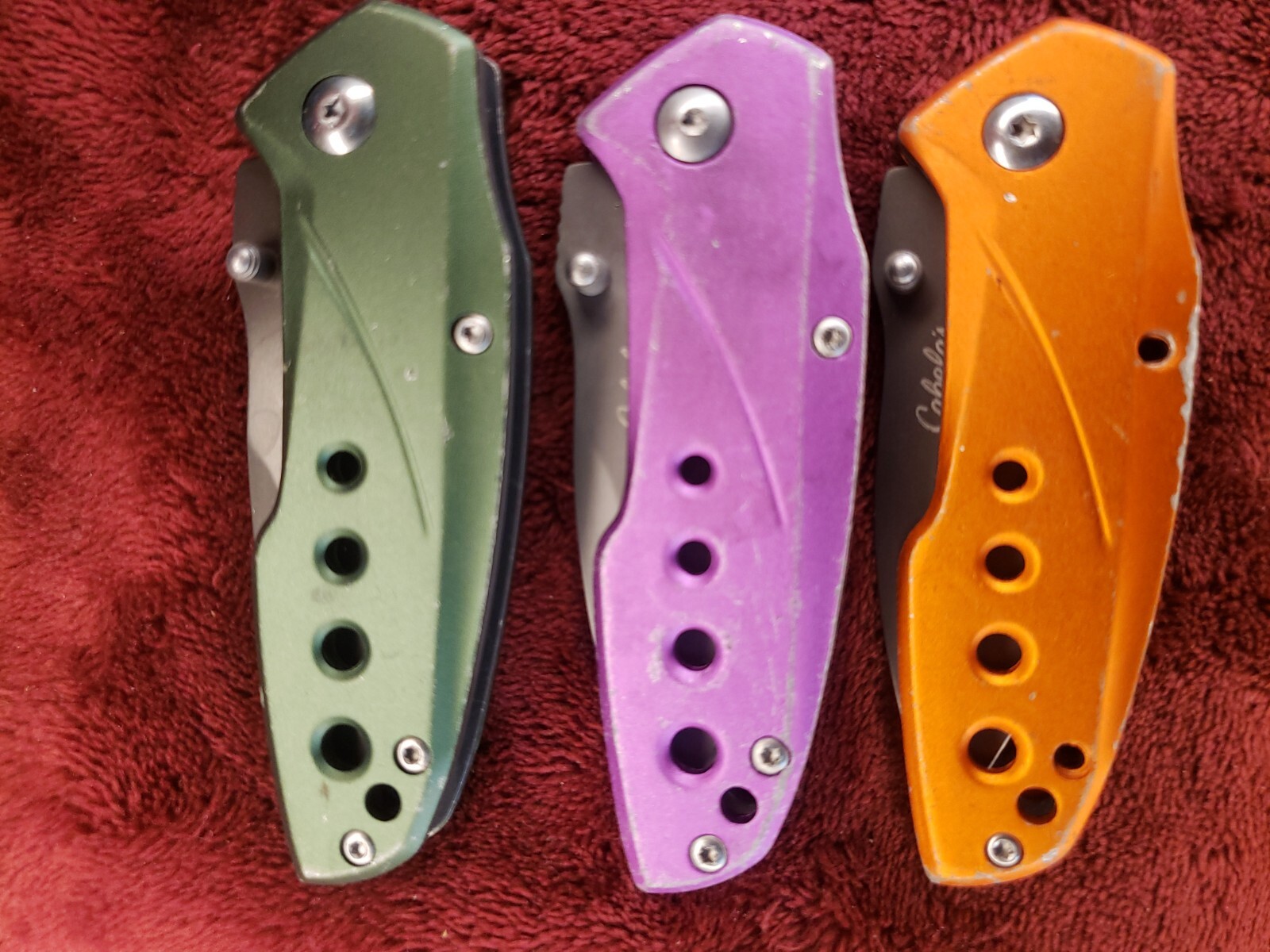 Lot 3 Cabela’s Plain Edge Liner Lock Aluminum Scale Folding Green Purple Orange