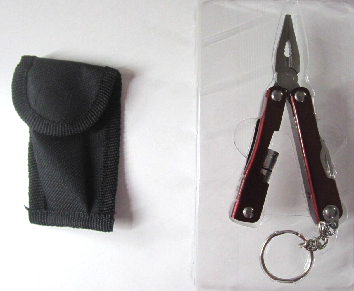Totes Pocket Tool with Light Red Handle Pliers Wire Cutters Saw Screwdriver More