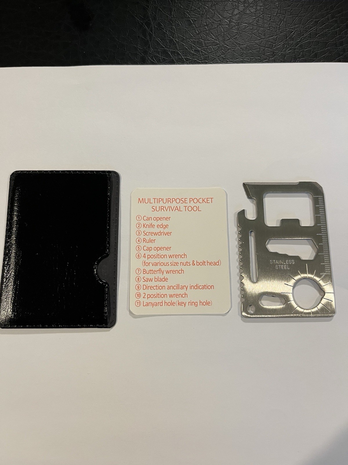 Stainless Steel Multipurpose Pocket Survival Tool with Black Leather Sleeve