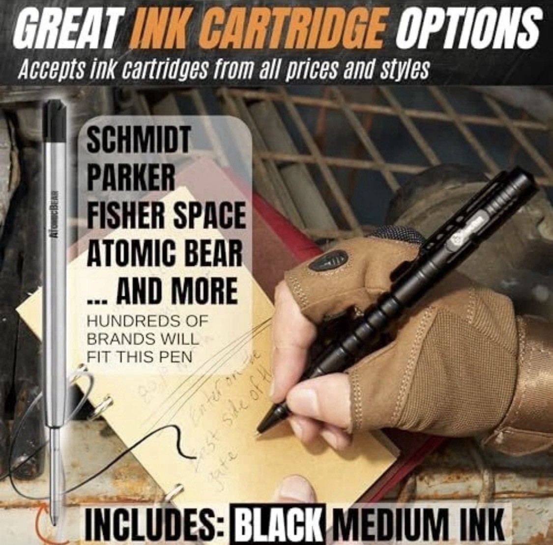The Atomic Bear Tactical EDC Pen with Glass Breaker – 2 Black Ink Cartridges