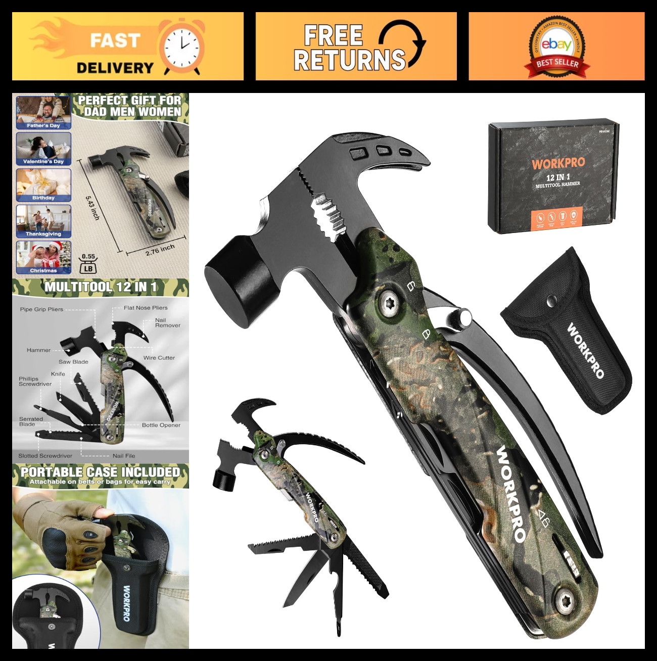 12-in-1 Camping Multitool with Mini Hammer, EDC Gear, Safety Lock & Pouch – Camo