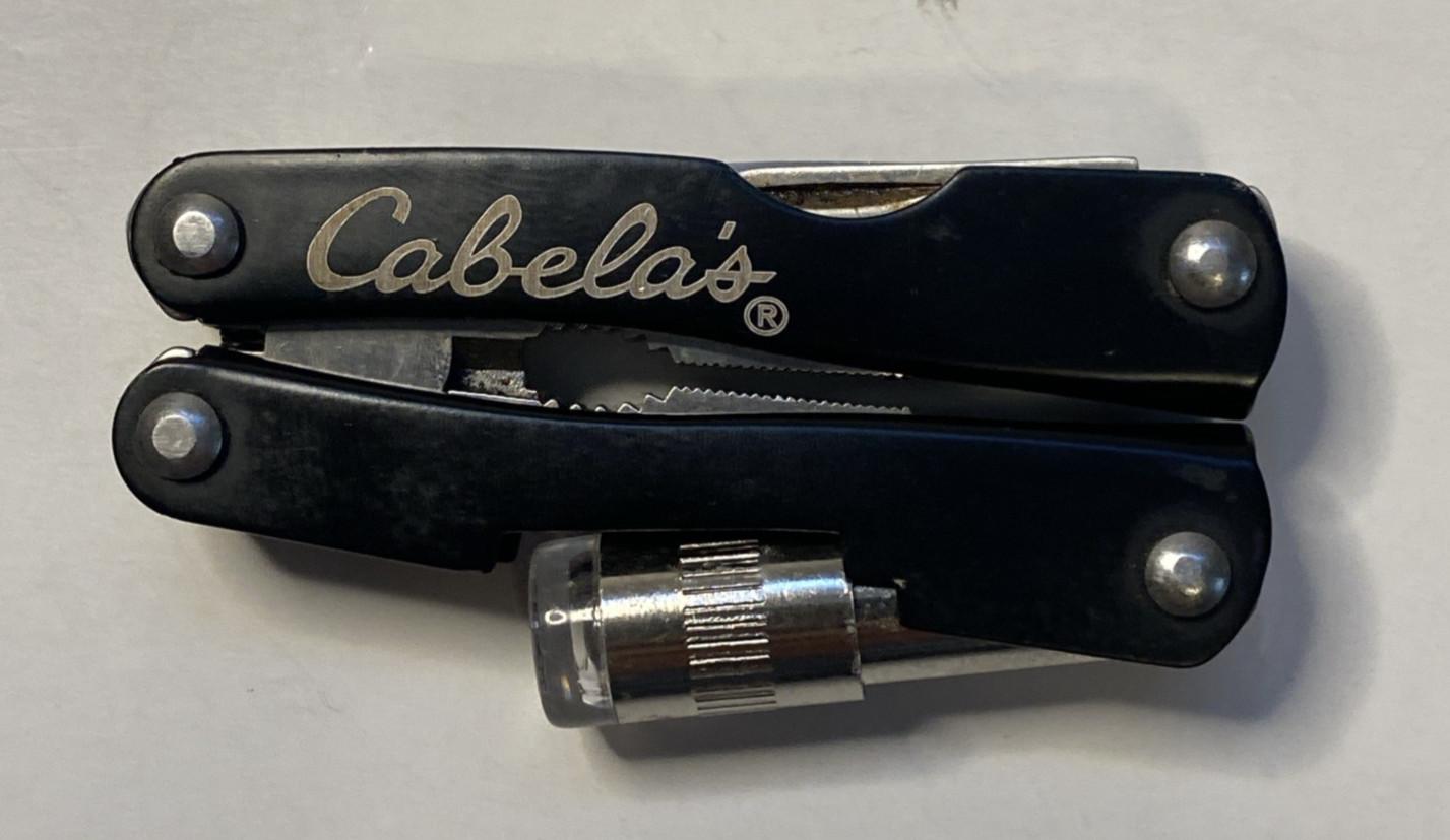 Cabela’s Black Mini Multi Tool Folding Pliers with LED Light(tested) No Sheath