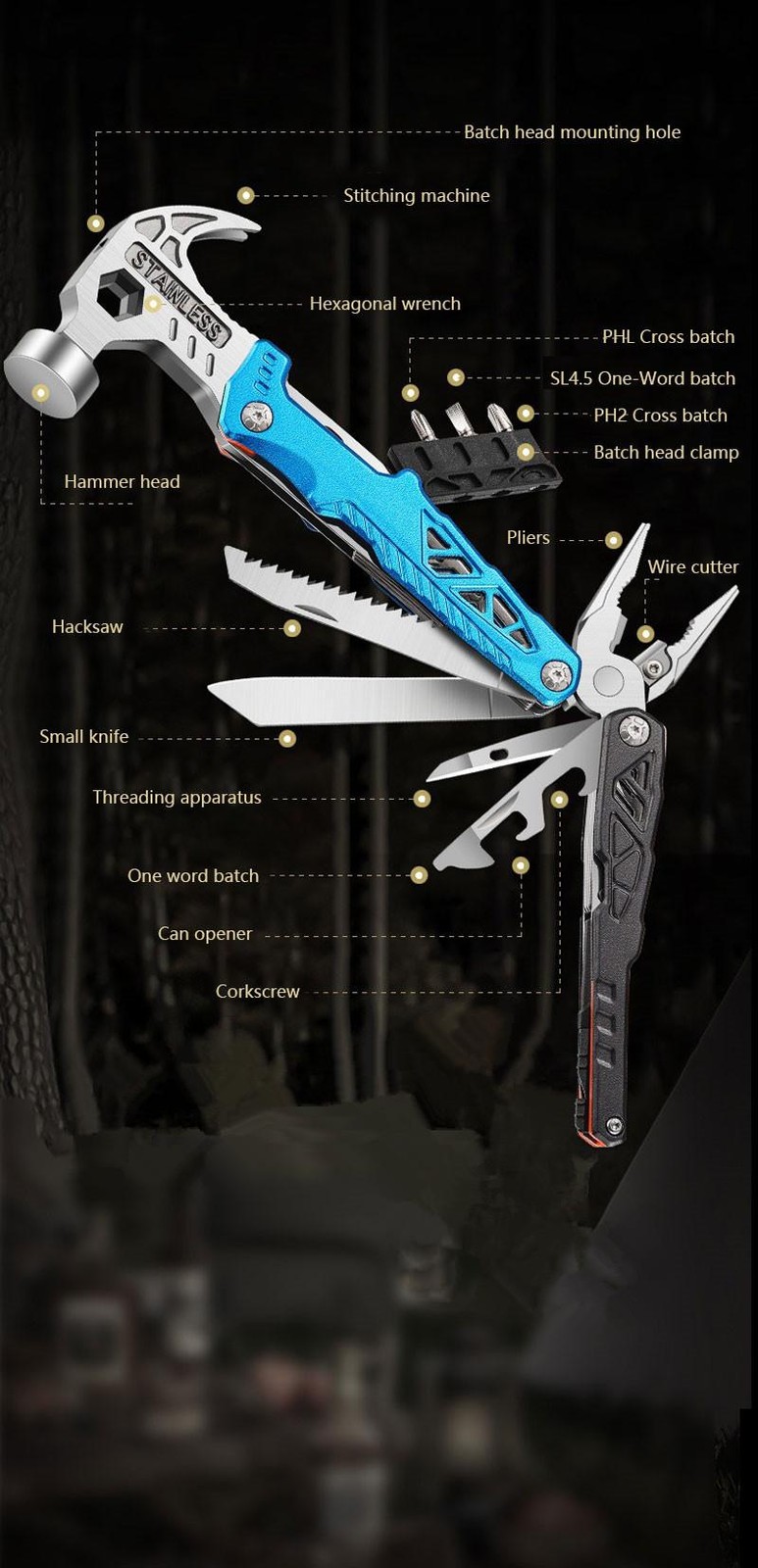 Outdoor Multifunction Hammer Pliers Knife Camping Emergency Survival Tool