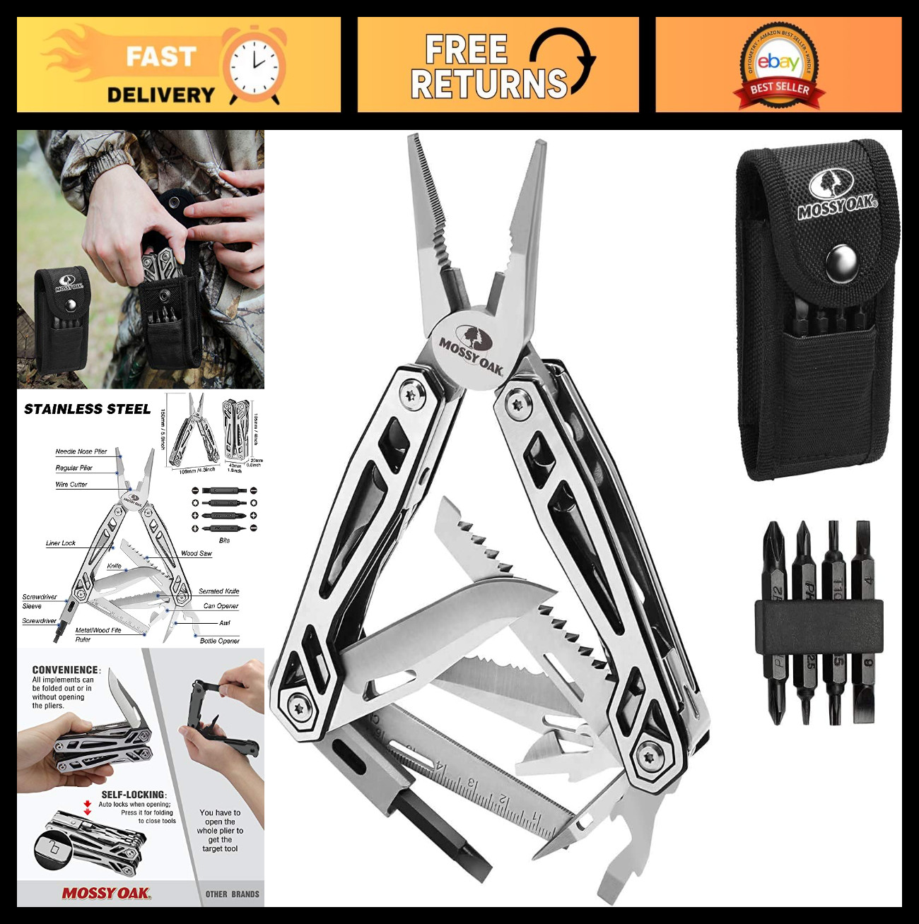 21-in-1 Stainless Steel Multitool Pocket Knife, Self-locking Pliers & Screwdrive