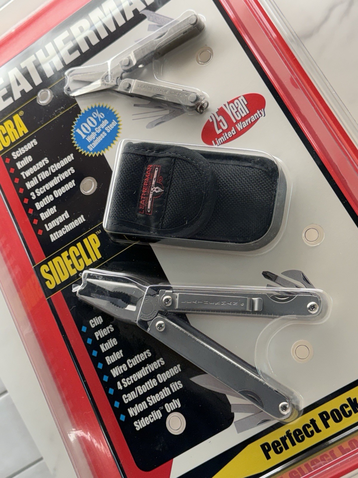 Leatherman Sideclip and Leatherman Micra, stamped USA, sealed.
