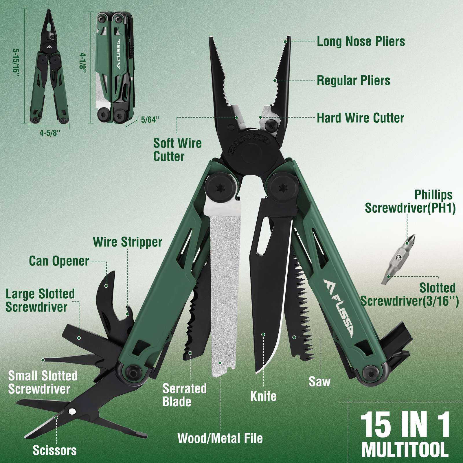 15-in-1 Multi Tool Pocket Knife with Sheath Stainless Steel EDC Multitool Pliers