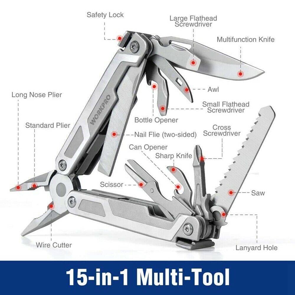 Multi Tool Pocket Knife 21-in-1/15-in-1 w/Safety Locking Multitool Pliers&Sheath